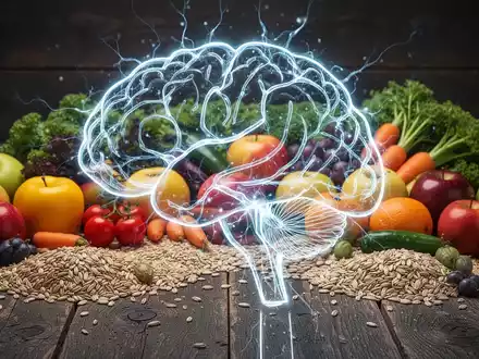 Ein stilisiertes Gehirn, das von leuchtenden Neuronenbahnen umrissen wird, über gesunden Lebensmitteln wie Obst und Gemüse. - Foto: über boerse-global.de