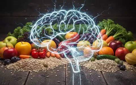 Ein stilisiertes Gehirn, das von leuchtenden Neuronenbahnen umrissen wird, über gesunden Lebensmitteln wie Obst und Gemüse. - Foto: über boerse-global.de