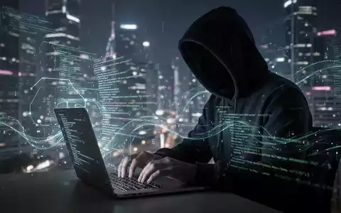 Eine Person im Kapuzenpullover tippt auf einem Laptop, umgeben von leuchtenden Codezeilen, die KI-gesteuerte Cyberkriminalität symbolisieren. - Foto: über boerse-global.de