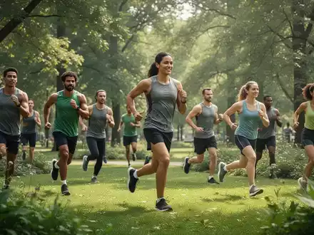 Eine Gruppe von Menschen unterschiedlichen Alters, die Yoga und leichte Übungen in einem grünen Park machen, umgeben von Bäumen und Natur. - Foto: über boerse-global.de