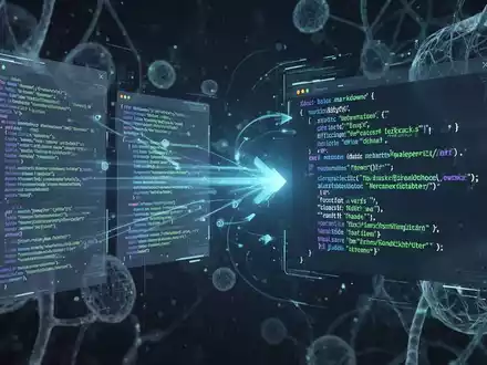 Digital documents converting into structured Markdown code, symbolizing data transformation for AI. Blue and green tones. - Foto: über boerse-global.de