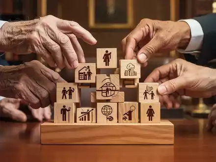 Verschiedene Hände, ältere und jüngere, arrangieren sorgfältig Holzklötze, die Vermögen und Familie symbolisieren, auf einer stabilen Basis. - Foto: über boerse-global.de