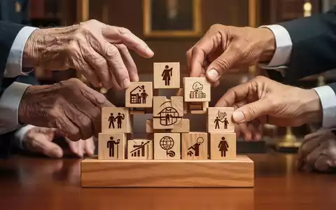 Verschiedene Hände, ältere und jüngere, arrangieren sorgfältig Holzklötze, die Vermögen und Familie symbolisieren, auf einer stabilen Basis. - Foto: über boerse-global.de