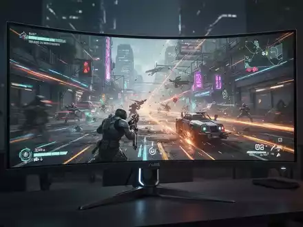 A close-up of a sleek, ultrawide curved gaming monitor displaying a vibrant, high-definition video game scene. - Foto: über boerse-global.de