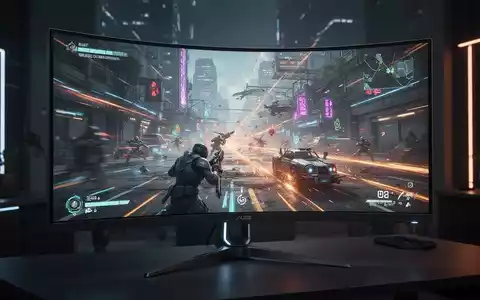 A close-up of a sleek, ultrawide curved gaming monitor displaying a vibrant, high-definition video game scene. - Foto: über boerse-global.de