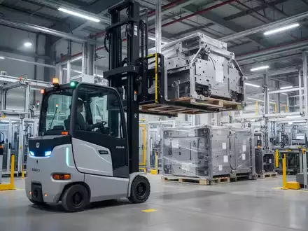 Autonomer Gabelstapler hebt schwere Lasten in einer modernen, automatisierten Fabrikhalle, mit Fokus auf Technologie und Effizienz. - Foto: über boerse-global.de