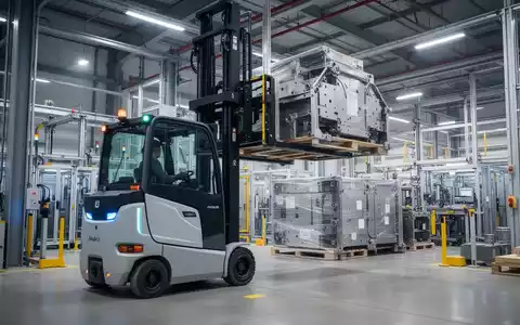Autonomer Gabelstapler hebt schwere Lasten in einer modernen, automatisierten Fabrikhalle, mit Fokus auf Technologie und Effizienz. - Foto: über boerse-global.de