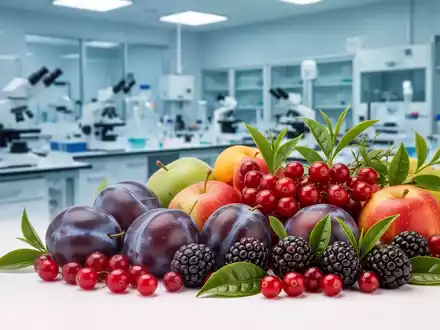Eine Nahaufnahme von frischen Pflaumen, Cranberries, Brombeeren und grünem Tee, die eine gesunde Ernährung symbolisieren. - Foto: über boerse-global.de