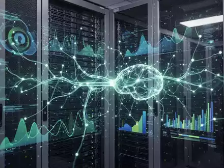 Abstraktes Bild eines leuchtenden neuronalen Netzes über Datenservern in einem hochmodernen Rechenzentrum, das KI und Datenzugriff symbolisiert. - Foto: über boerse-global.de