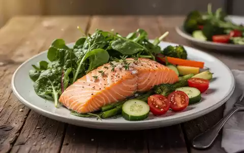 Ein Teller mit Lachs, grünem Blattgemüse und verschiedenen Gemüsesorten, der eine gesunde Ernährung symbolisiert. - Foto: über boerse-global.de