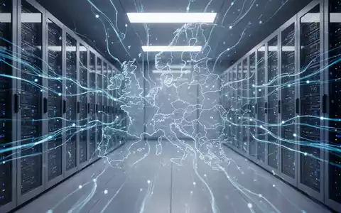 A stylized depiction of data flowing through a server room, with a subtle outline of the European Union map integrated into the network, symbolizing regulatory challenges for AI. - Foto: über boerse-global.de