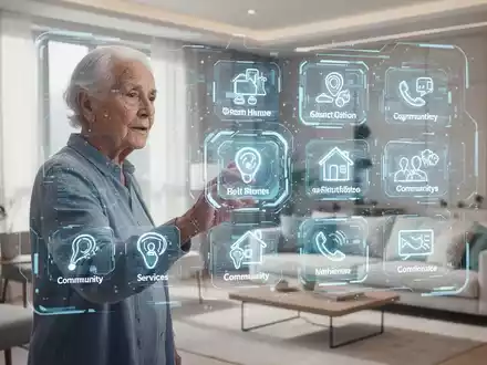 Eine ältere Person interagiert mit einer holografischen Benutzeroberfläche in einer modernen Wohnung, die Smart-Home-Funktionen anzeigt. - Foto: über boerse-global.de