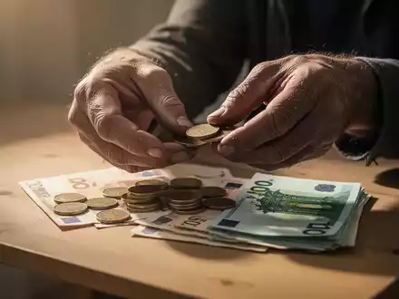 Hände zählen Euro-Münzen und -Scheine auf einem Holztisch, symbolisch für Mindestlohn und Erwerbsarmut. - Foto: über boerse-global.de