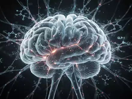 Ein stilisiertes menschliches Gehirn mit leuchtenden neuronalen Verbindungen und subtilen GLP-1-Molekülstrukturen, die wissenschaftliche Forschung darstellen. - Foto: über boerse-global.de