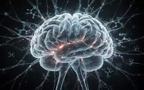 Ein stilisiertes menschliches Gehirn mit leuchtenden neuronalen Verbindungen und subtilen GLP-1-MolekĂŒlstrukturen, die wissenschaftliche Forschung darstellen. - Foto: ĂŒber boerse-global.de