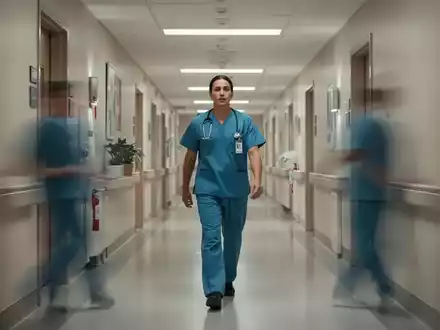 Eine medizinische Fachkraft geht durch einen modernen Krankenhausflur, der Routine und durchschnittliches tägliches Volumen symbolisiert. - Foto: über boerse-global.de