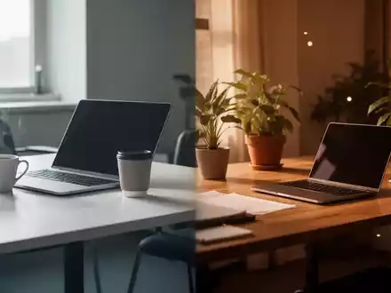 Zwei Arbeitsplätze: Links ein modernes Büro, rechts ein gemütliches Homeoffice, durch eine subtile Linie getrennt. - Foto: über boerse-global.de
