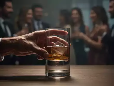 Eine Hand schiebt sanft ein verschwommenes Glas Alkohol weg, im Hintergrund verschwommen sozialisierende Menschen. - Foto: über boerse-global.de