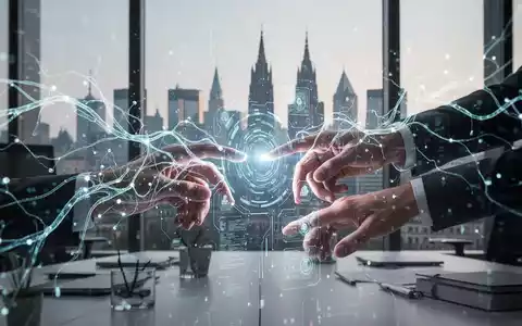 An abstract image showing glowing neural network lines connecting to human hands interacting with a holographic interface, with a subtle Frankfurt skyline in the background, symbolizing AI's impact on the German workforce. - Foto: über boerse-global.de
