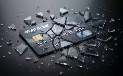Eine einzelne Worldline Kreditkarte, in viele Stücke zerbrochen, auf einer dunklen, reflektierenden Oberfläche liegend. Die Stücke sind verstreut. - Foto: über boerse-global.de