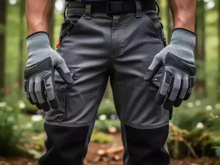 Nahaufnahme einer modernen Schnittschutzhose und Handschuhen, mit einem unscharfen Hintergrund aus Wald- oder Gartenlandschaft. - Foto: über boerse-global.de