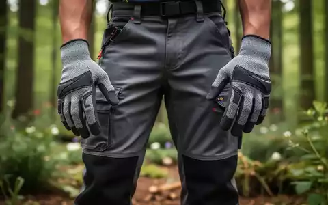 Nahaufnahme einer modernen Schnittschutzhose und Handschuhen, mit einem unscharfen Hintergrund aus Wald- oder Gartenlandschaft. - Foto: über boerse-global.de