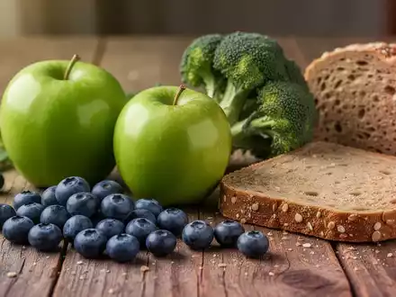 Eine Nahaufnahme von frischen, unverarbeiteten Lebensmitteln auf einem Holztisch: grüner Apfel, Blaubeeren, Brokkoli und Vollkornbrot. - Foto: über boerse-global.de