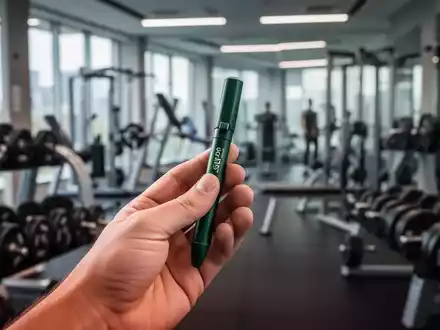 Eine Hand hält einen grünen GLP-1-Injektionspen vor dem unscharfen Hintergrund eines Fitnessstudios mit Gewichten. - Foto: über boerse-global.de