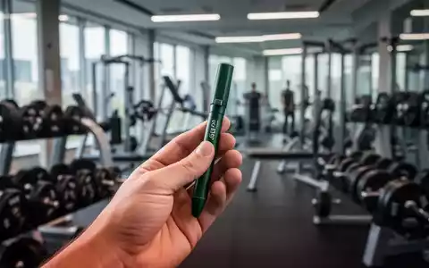 Eine Hand hĂ€lt einen grĂŒnen GLP-1-Injektionspen vor dem unscharfen Hintergrund eines Fitnessstudios mit Gewichten. - Foto: ĂŒber boerse-global.de