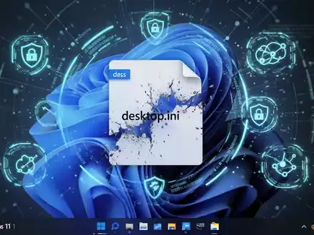 Digital illustration showing a corrupted 'desktop.ini' file icon on a Windows 11 desktop, surrounded by security symbols. - Foto: über boerse-global.de