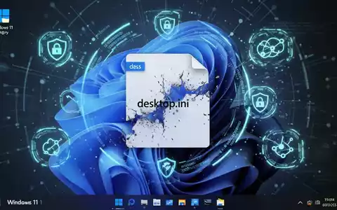 Digital illustration showing a corrupted 'desktop.ini' file icon on a Windows 11 desktop, surrounded by security symbols. - Foto: über boerse-global.de