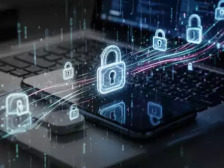 Ein Smartphone und eine Laptoptastatur mit abstrakten, leuchtenden Datenströmen und Schlosssymbolen, die digitale Bedrohungen und KI-Betrug darstellen. - Foto: über boerse-global.de