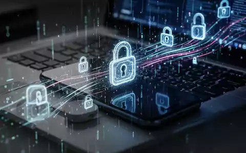 Ein Smartphone und eine Laptoptastatur mit abstrakten, leuchtenden Datenströmen und Schlosssymbolen, die digitale Bedrohungen und KI-Betrug darstellen. - Foto: über boerse-global.de