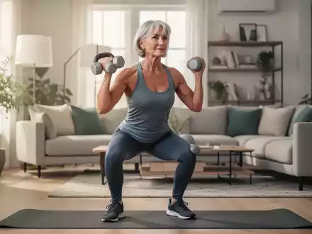 Eine fitte Frau über 50 macht zu Hause Kniebeugen mit einer Hantel, um Muskeln aufzubauen und fit zu bleiben. - Foto: über boerse-global.de