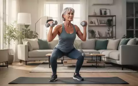 Eine fitte Frau über 50 macht zu Hause Kniebeugen mit einer Hantel, um Muskeln aufzubauen und fit zu bleiben. - Foto: über boerse-global.de