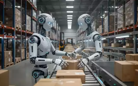 A humanoid robot with a human-like arm sorting packages in a large, well-lit warehouse. - Foto: über boerse-global.de