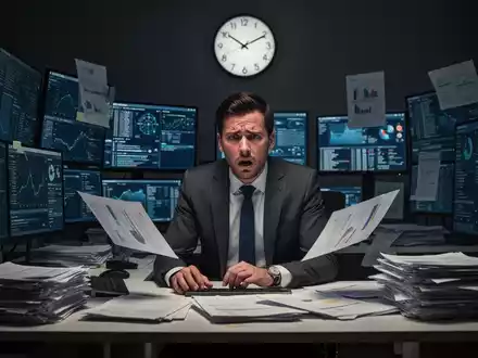 Eine gestresste Person sitzt an einem Schreibtisch, umgeben von Bildschirmen und Dokumenten, eine Uhr im Hintergrund. - Foto: über boerse-global.de