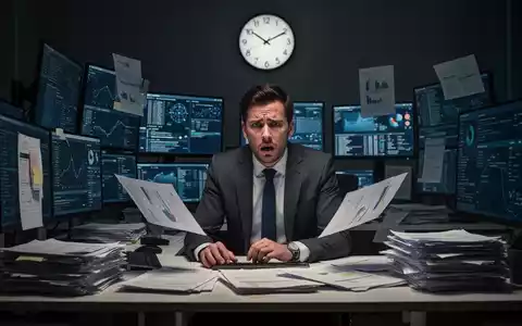 Eine gestresste Person sitzt an einem Schreibtisch, umgeben von Bildschirmen und Dokumenten, eine Uhr im Hintergrund. - Foto: ĂŒber boerse-global.de