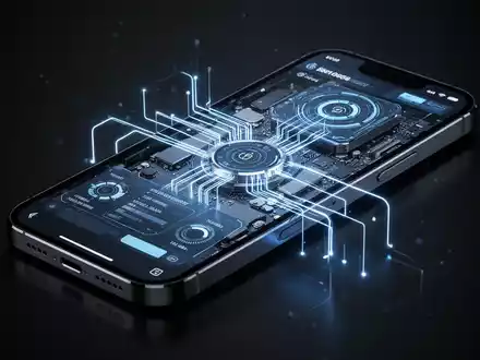 Close-up of a futuristic iPhone displaying a self-recovery interface with diagnostic tools and glowing blue connections. - Foto: über boerse-global.de