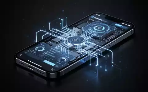 Close-up of a futuristic iPhone displaying a self-recovery interface with diagnostic tools and glowing blue connections. - Foto: über boerse-global.de