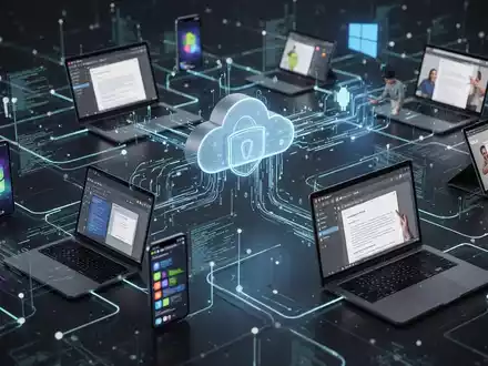 Ein abstraktes Netzwerk aus verbundenen digitalen Geräten und Datenströmen, das Fernzugriff und mobile Produktivität symbolisiert. - Foto: über boerse-global.de