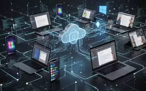 Ein abstraktes Netzwerk aus verbundenen digitalen Geräten und Datenströmen, das Fernzugriff und mobile Produktivität symbolisiert. - Foto: über boerse-global.de