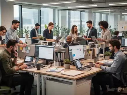 Mitarbeiter gestalten in einem modernen Büro aktiv ihre Arbeitsplätze, um Flexibilität und individuelle Anpassung zu fördern. - Foto: über boerse-global.de