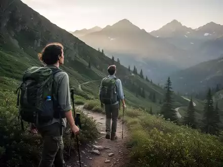 Eine Person mit Rucksack wandert auf einem geschwungenen Bergpfad, umgeben von grüner Natur und fernen Gipfeln. - Foto: über boerse-global.de