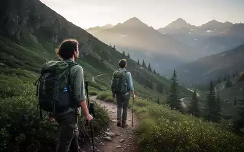 Eine Person mit Rucksack wandert auf einem geschwungenen Bergpfad, umgeben von grüner Natur und fernen Gipfeln. - Foto: über boerse-global.de