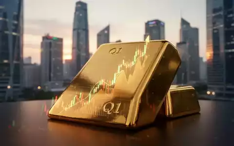Ein stilisierter Goldbarren mit subtiler 'Q1'-Gravur, der einen aufsteigenden Börsenkurs widerspiegelt, mit einer modernen Finanz Skyline im Hintergrund. - Foto: über boerse-global.de