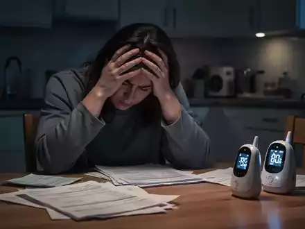 Ein erschöpfter Elternteil sitzt nachts am Küchentisch, den Kopf in den Händen, umgeben von Dokumenten und einem Babyphone. - Foto: über boerse-global.de