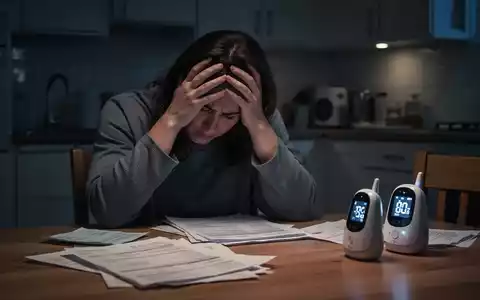 Ein erschöpfter Elternteil sitzt nachts am Küchentisch, den Kopf in den Händen, umgeben von Dokumenten und einem Babyphone. - Foto: über boerse-global.de