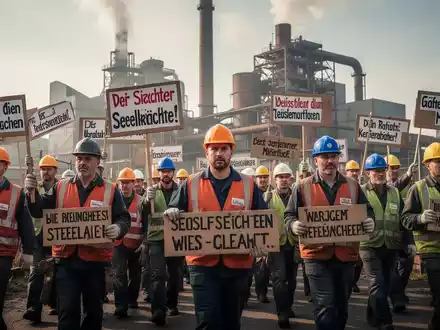 Stahlarbeiter mit Schutzhelmen und Protestschildern marschieren vor einem Stahlwerk, das die Notwendigkeit von Gewerkschaften in Krisenzeiten symbolisiert. - Foto: über boerse-global.de