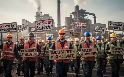 Stahlarbeiter mit Schutzhelmen und Protestschildern marschieren vor einem Stahlwerk, das die Notwendigkeit von Gewerkschaften in Krisenzeiten symbolisiert. - Foto: über boerse-global.de